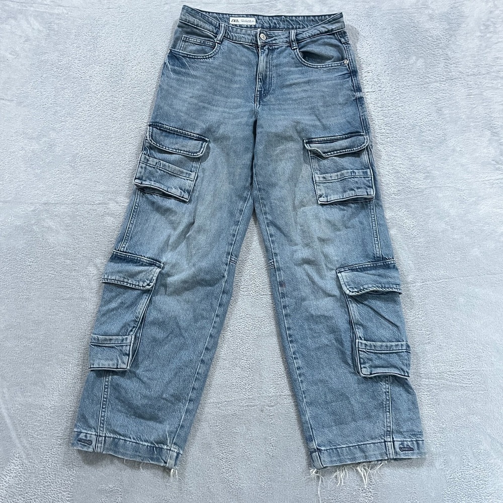 Zara Jeans Women 4 Wide Leg Baggy Carpenter Cargo Blue Distressed 14 Grunge Y2K